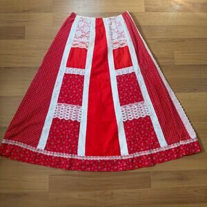 Women's Vintage 70's Patchwork Lace Red Long Cottagecore Prairie Maxi Skirt XL